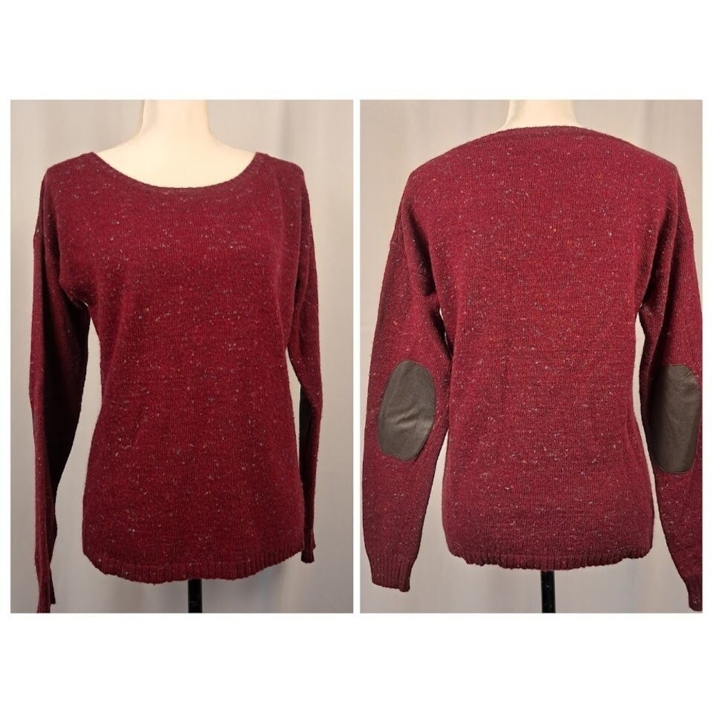 GARNET HILL S Dark Red‎ Wool Alpaca Blend Tweed Sweater Elbow Patches Academic